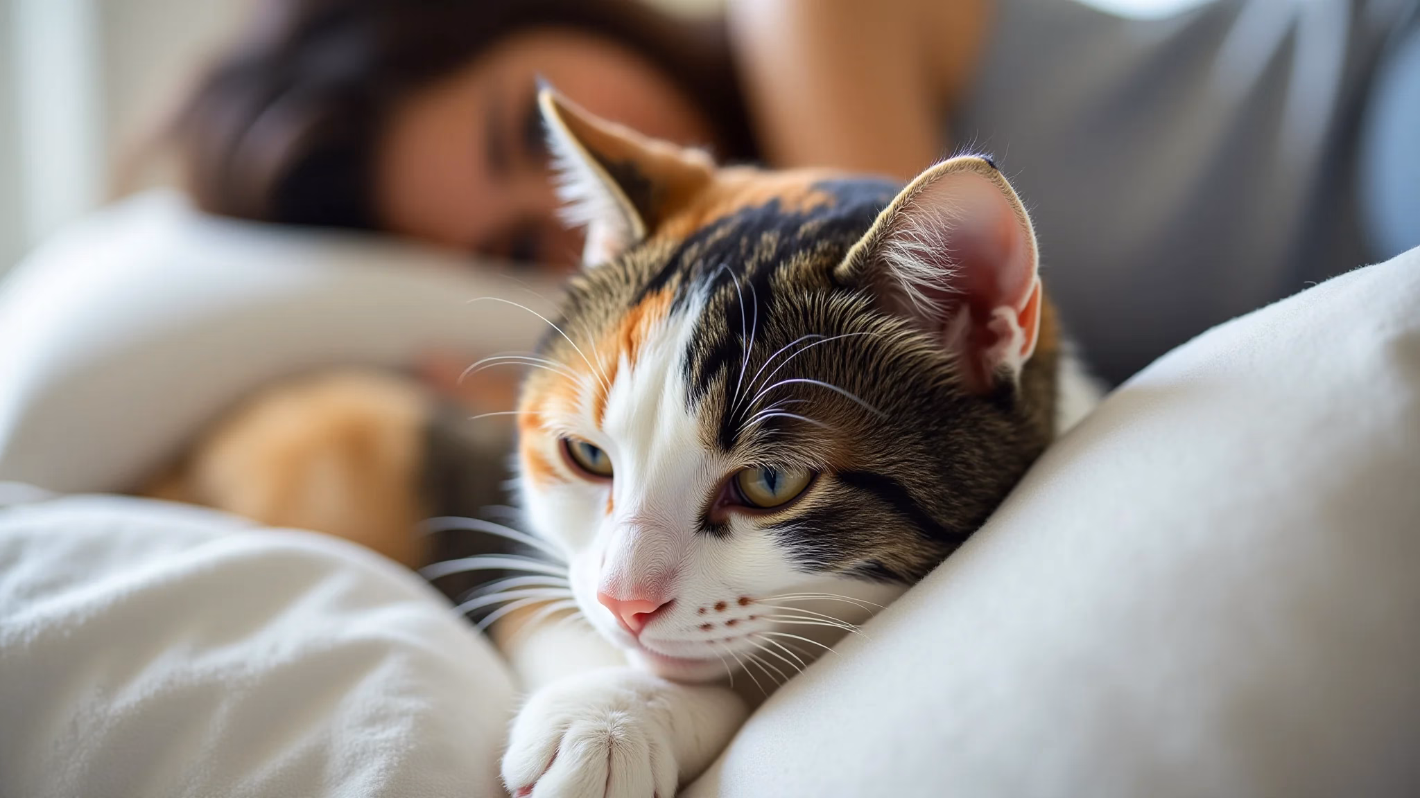 Gata tricolor confortavelmente aninhada em um travesseiro, cabeça da mulher levemente visível.