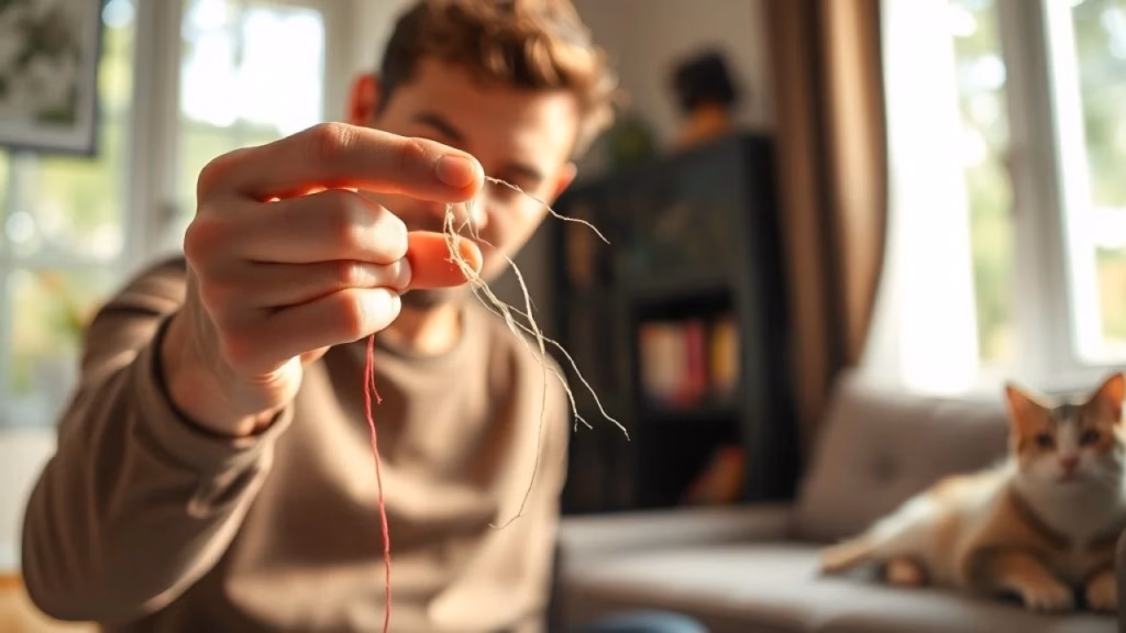 A cat owner carefully removing a frayed string from a cat toy wand. Natural light coming through a Dono removendo barbante solto de brinquedo de gato, segurança