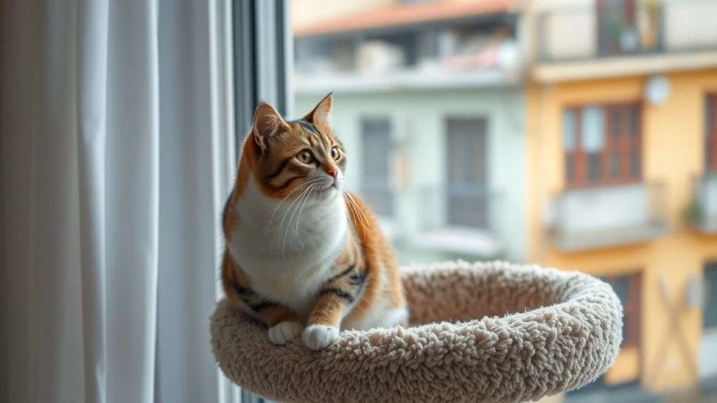 A cat perched comfortably on a cat tree, observing the outside world through a window with a view Gato observando a rua da torre de gato. Enriquecimento ambiental.