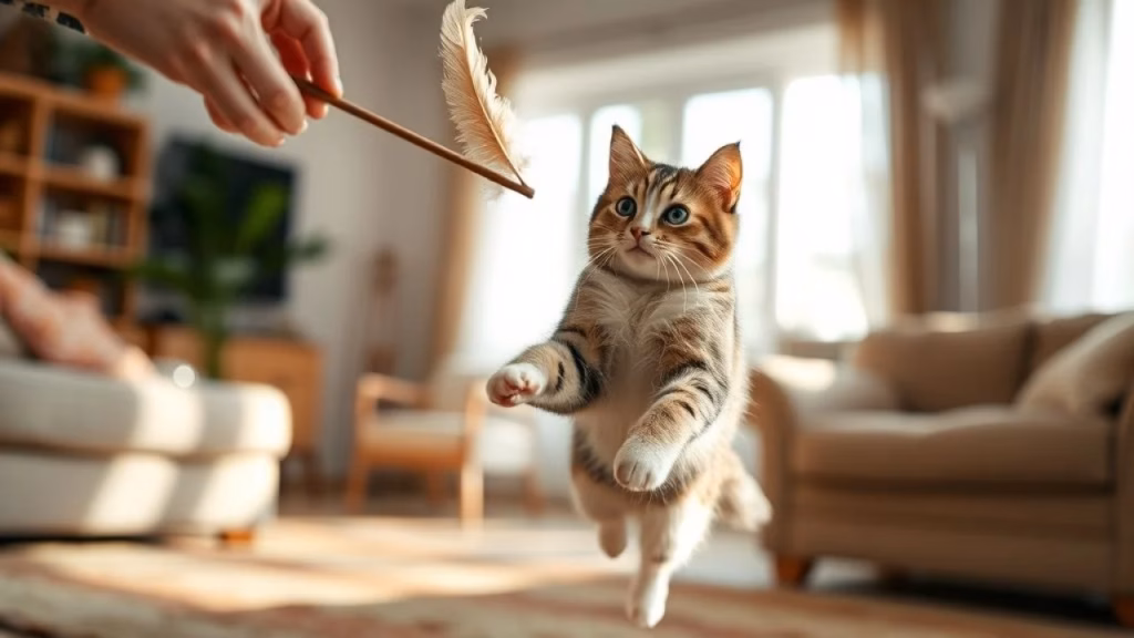 A cat playing with a feather wand toy held by a person in a brightly lit Brazilian living room. Gato brincando com varinha de penas, pulando no ar. Instinto de caça.