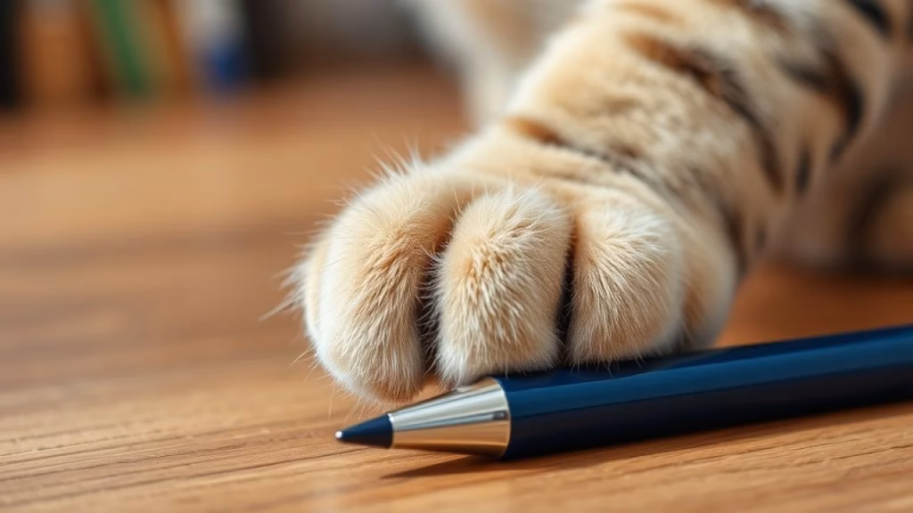 A close-up of a cat's paw gently touching a colorful pen on a wooden desk, exploring its texture Pata de gato explorando caneta na mesa. Curiosidade felina.