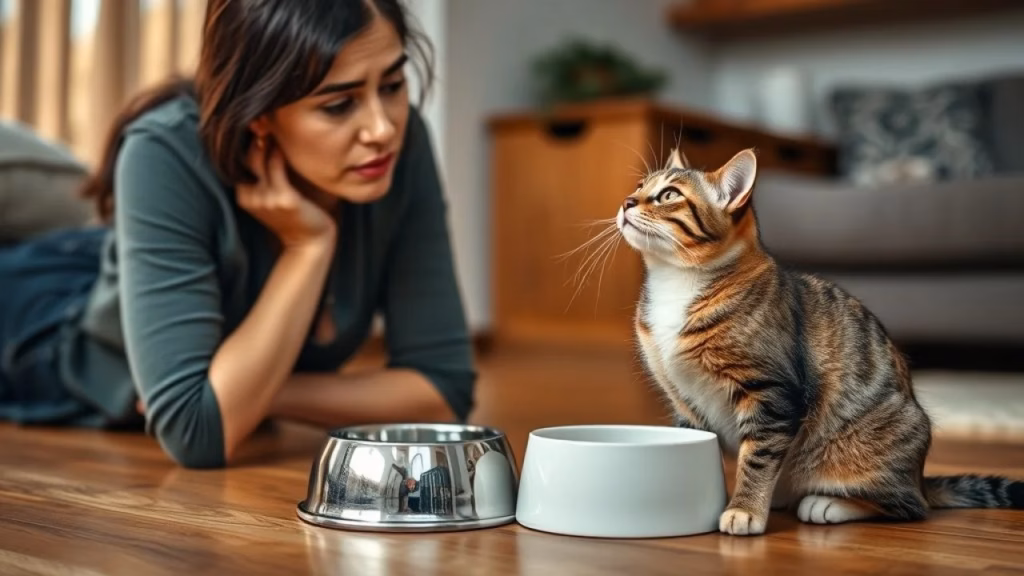 A concerned Brazilian woman looking at her cat's empty food bowl. The cat is sitting next to the Mulher preocupada olhando para comedouro vazio do gato.