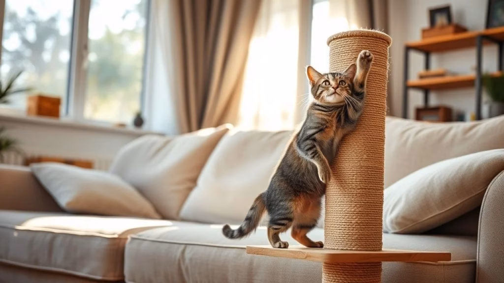 A cozy Brazilian living room. A tabby cat is joyfully scratching a tall sisal scratching post. The Gato arranhando poste de sisal em sala, protegendo o sofá. Brasil.