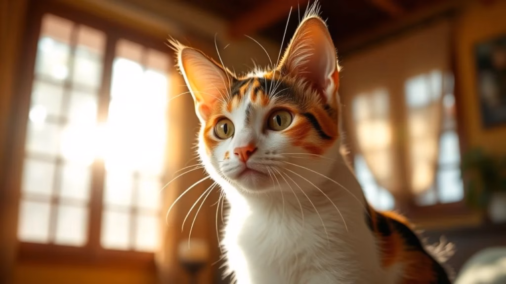 A cute calico cat looking attentively towards the camera, inside a cozy Brazilian home with Gata tricolor olhando curiosa em casa brasileira ensolarada.
