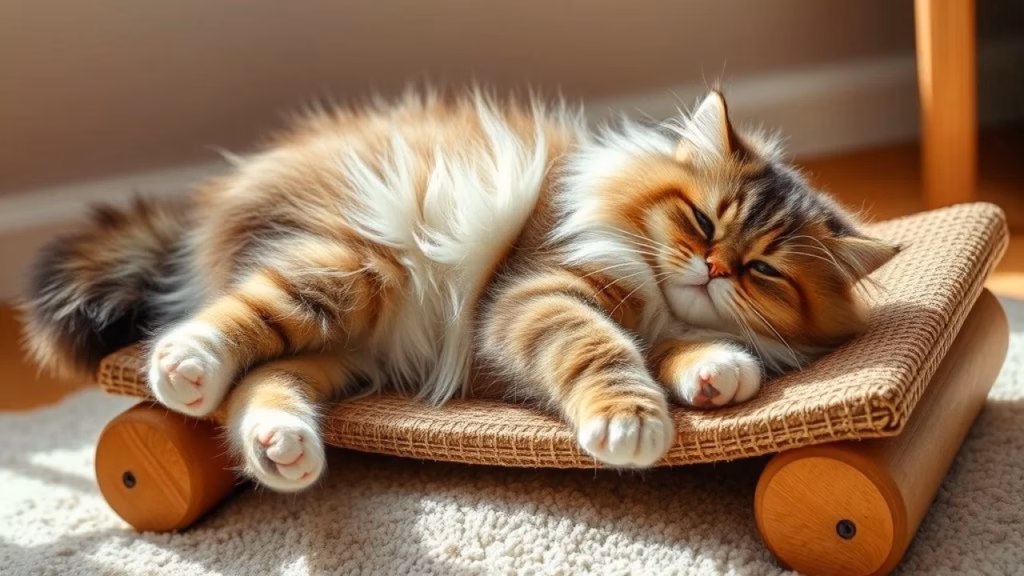 A fluffy Persian cat lies on a cardboard scratching bed, lazily scratching and purring. Catnip Gato persa em cama de papelão arranhando. Catnip. Brasil.