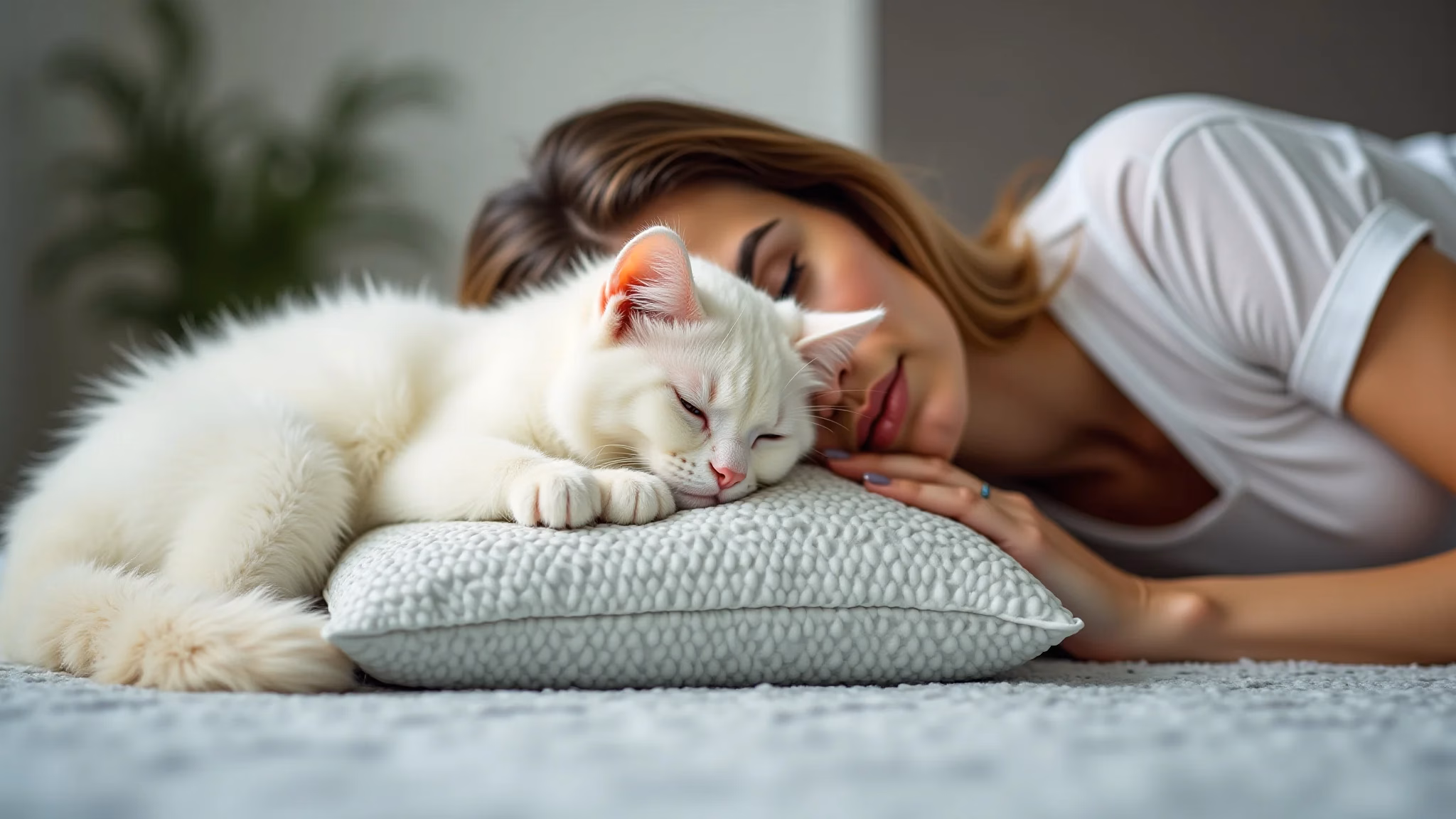 Gato branco fofo dormindo em um travesseiro estampado ao lado da cabeça de uma mulher.