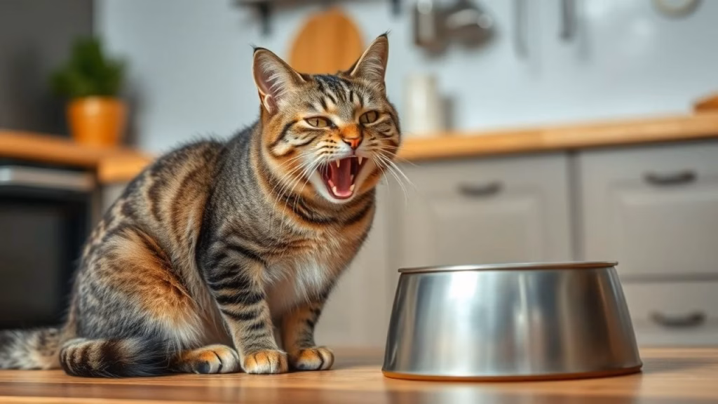A frustrated tabby cat sitting near an empty food bowl, meowing loudly, Brazilian kitchen Gato tigrado frustrado miando perto de tigela vazia.