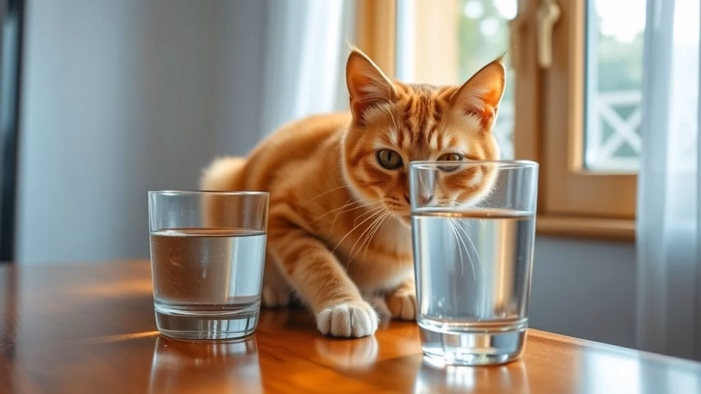 A ginger tabby cat sitting on a polished wooden table, staring intently at the camera while pushing Gato ruivo derrubando copo da mesa, olhando fixamente. Comportamento felino.