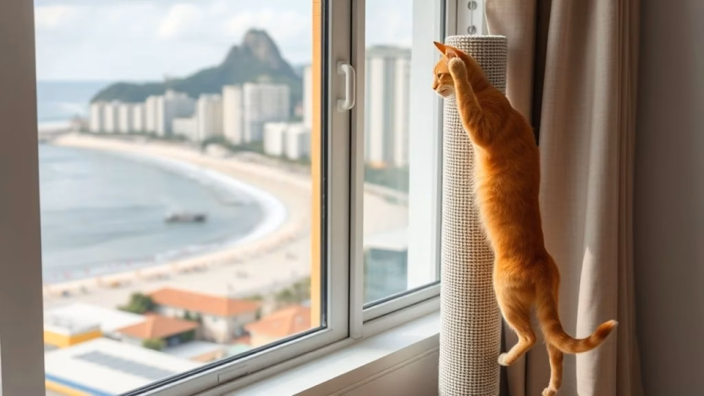 A modern apartment in Rio de Janeiro. A sleek, vertical cat scratching post made of sisal stands Arranhador vertical perto da janela com vista para Copacabana. Gato laranja.