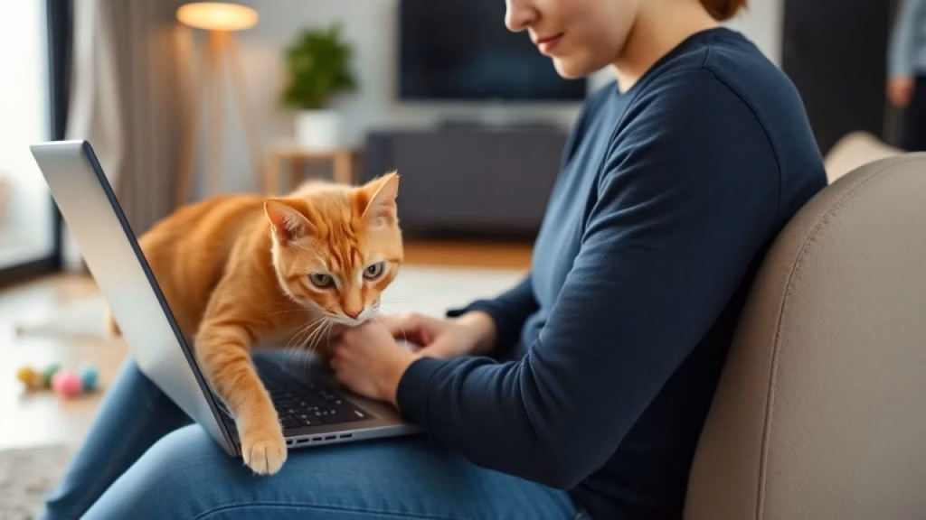 A person working on a laptop in a modern Brazilian apartment, with a ginger cat nudging their arm Gato pedindo atenção enquanto dono trabalha no laptop. Carinho felino.