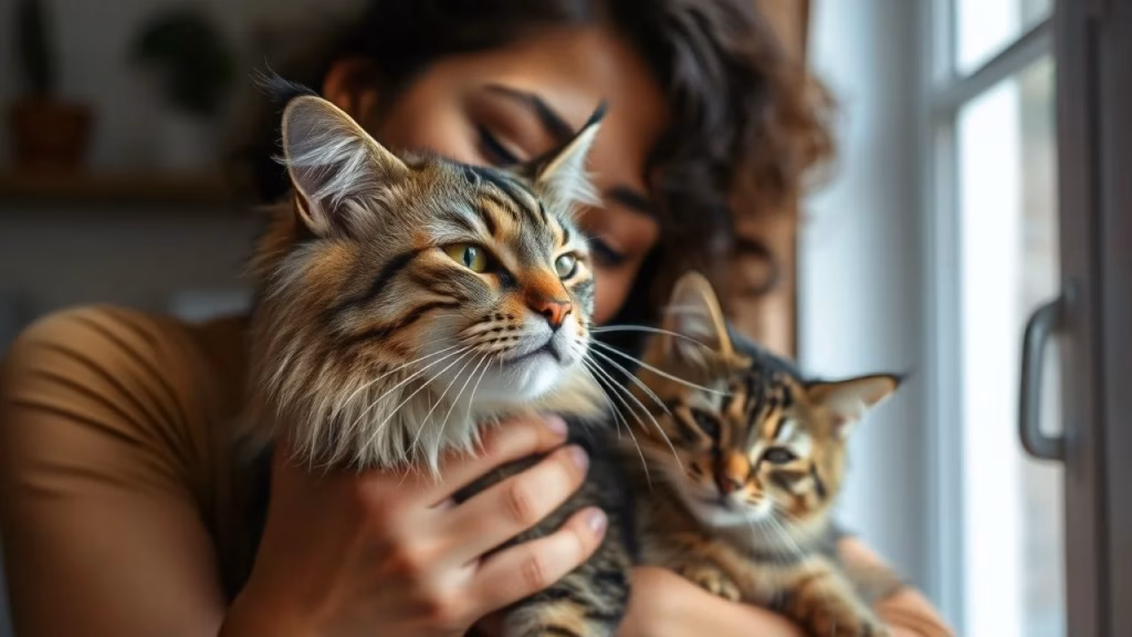 Dona carinhosa fazendo carinho em gato malhado em casa