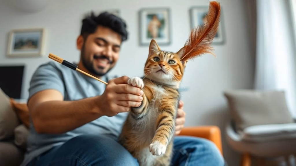 Dona brincando com gato usando brinquedo de pena