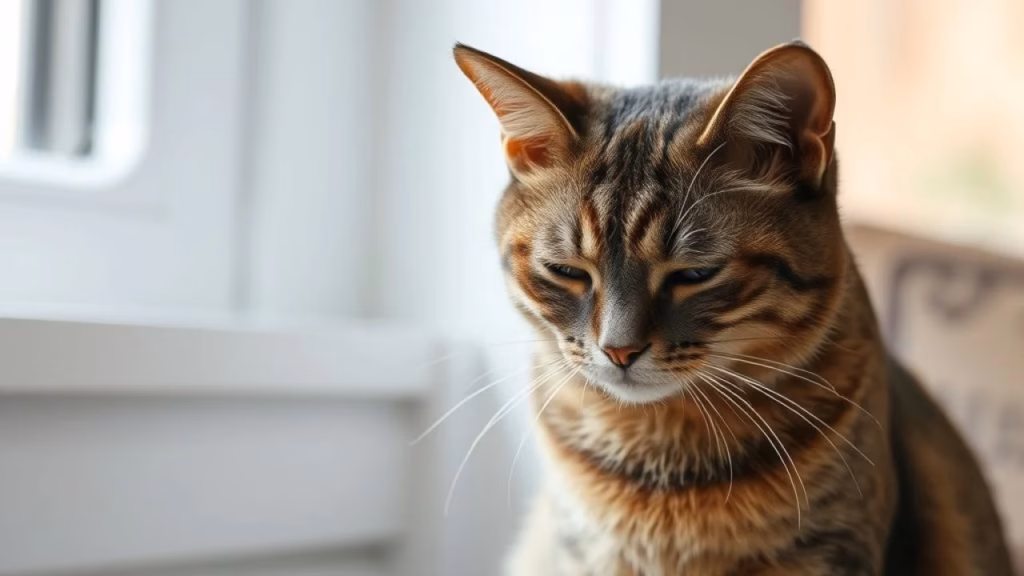 Brazilian short-haired cat with subtle signs of discomfort, slightly squinting eyes, and a Gato brasileiro com sinais sutis de dor: olhos semicerrados, postura retraída.