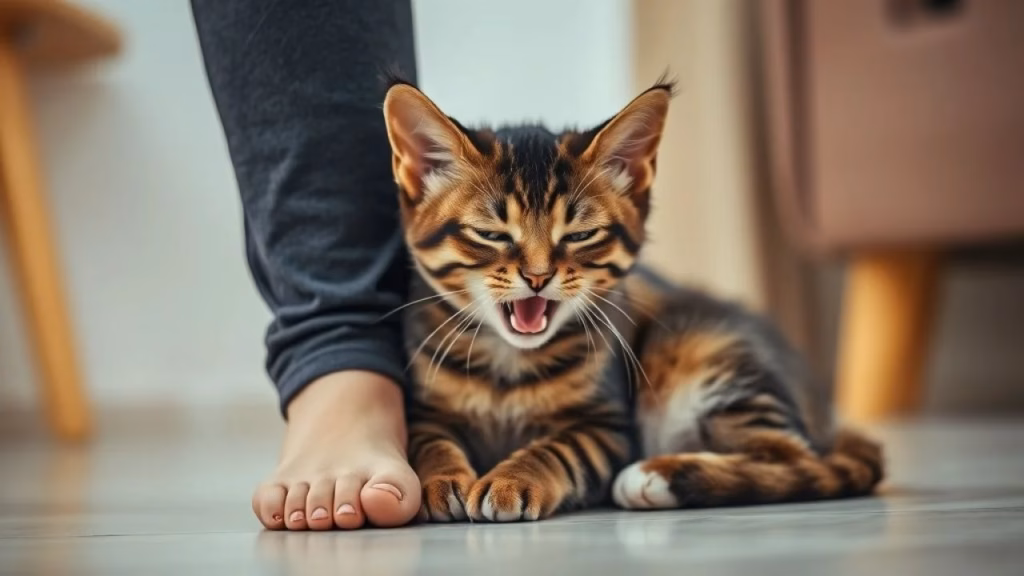 Brazilian shorthair cat gently rubbing against a woman's leg, meowing softly and purring, bright Gato SRD pedindo atenção e carinho
