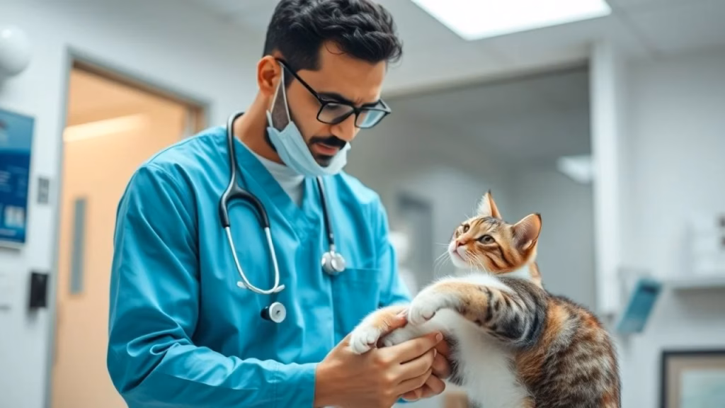 Brazilian vet examining a senior cat's paw, gentle touch, concerned expression. Modern veterinary Veterinário brasileiro examinando a pata de um gato idoso. Consulta veterinária.