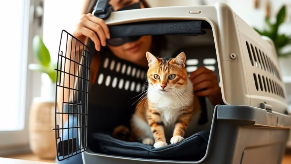 Brazilian woman carefully placing her cat into a carrier for a vet visit. Comfortable and safe Mulher brasileira colocando gato em caixa de transporte para visita ao veterinário.