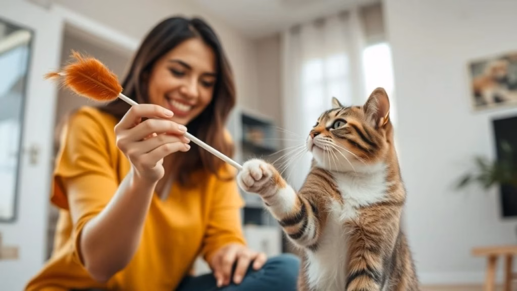 Brazilian woman playing with a cat using a feather wand toy indoors, bright natural light, focus on Mulher brasileira brincando com gato usando varinha de penas, promovendo interação positiva.