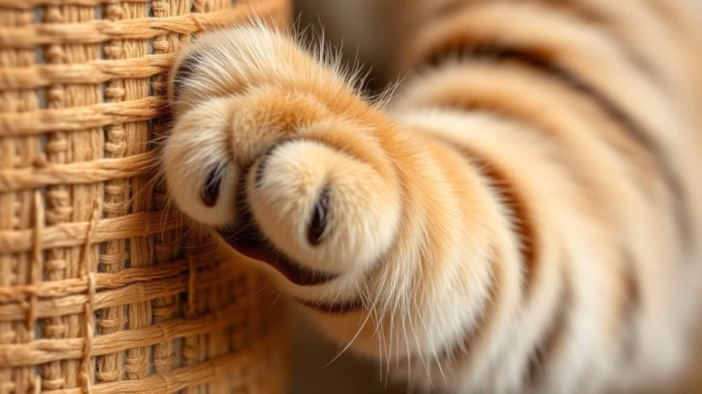 Close-up of a cat's paw scratching a sisal scratching post, showing the texture of the sisal and Detalhe da pata de um gato arranhando sisal. Unhas afiadas. Brasil.
