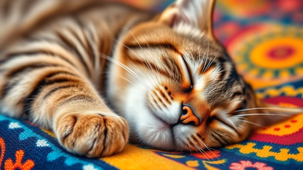 Close-up of a relaxed tabby cat purring contentedly on a colorful Brazilian-style blanket, soft Gato tigrado relaxado ronronando em cobertor colorido