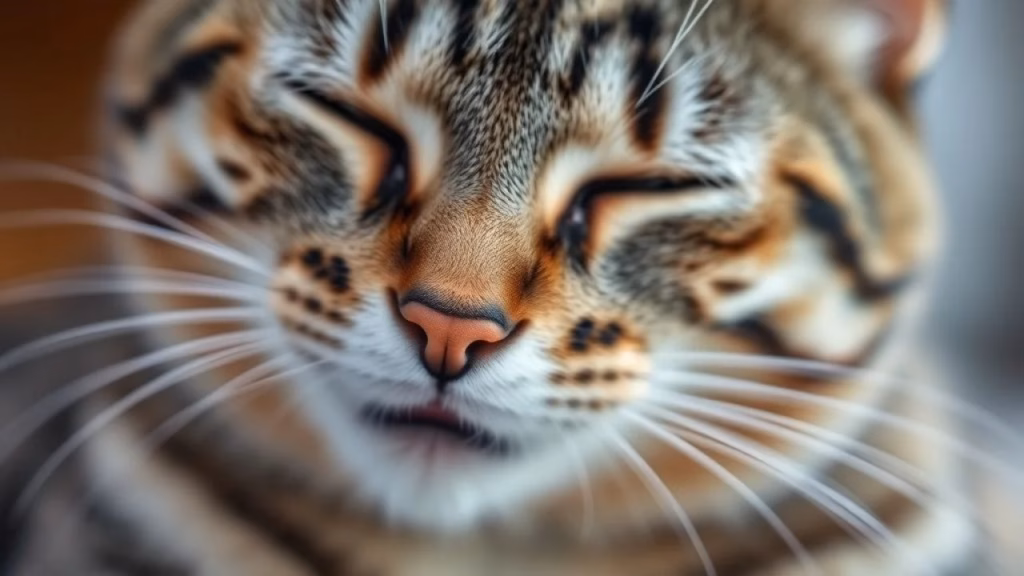 Close-up of a tabby cat's face while it is purring, soft focus on the cat's whiskers and nose, Gato rajado ronronando, demonstrando bem-estar e contentamento.