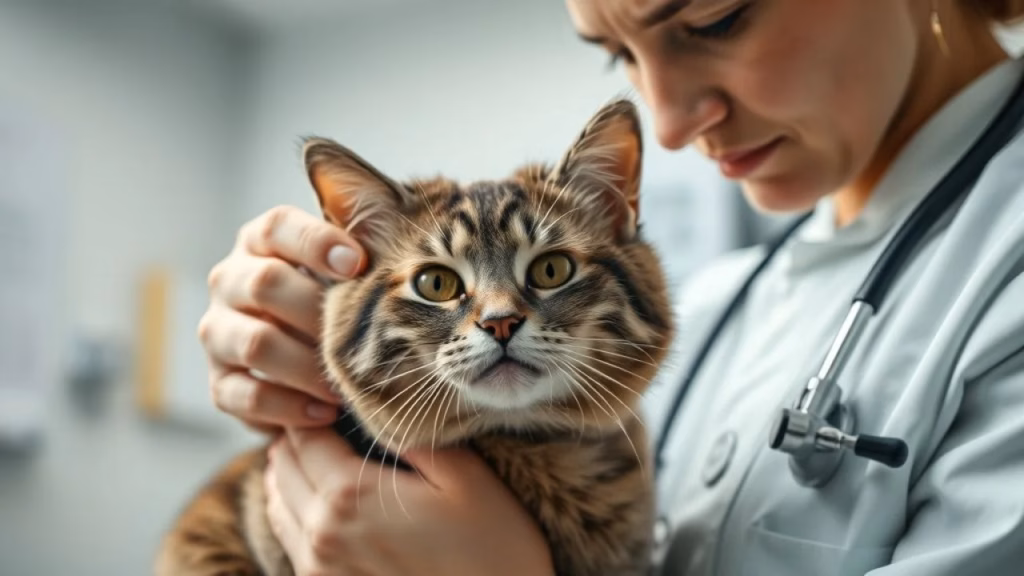 Close-up of a veterinarian examining a cat, gentle touch, concerned expression, modern Brazilian Veterinário examinando gato em clínica moderna no Brasil.