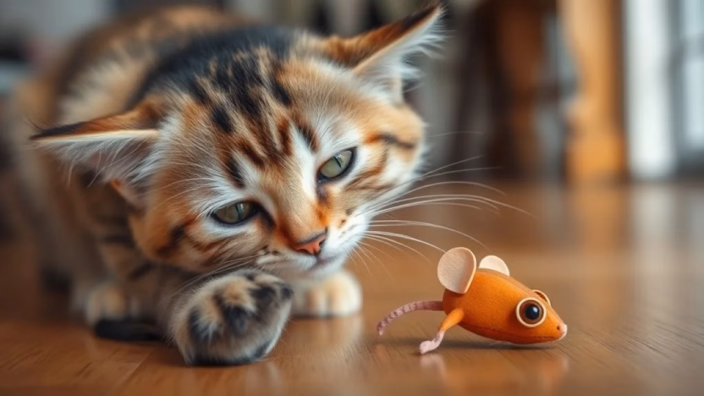 Close-up photo of a cute tabby cat playfully batting at a small toy mouse with a detached plastic Gato brincando com rato de brinquedo com olho solto, perigo de engasgo