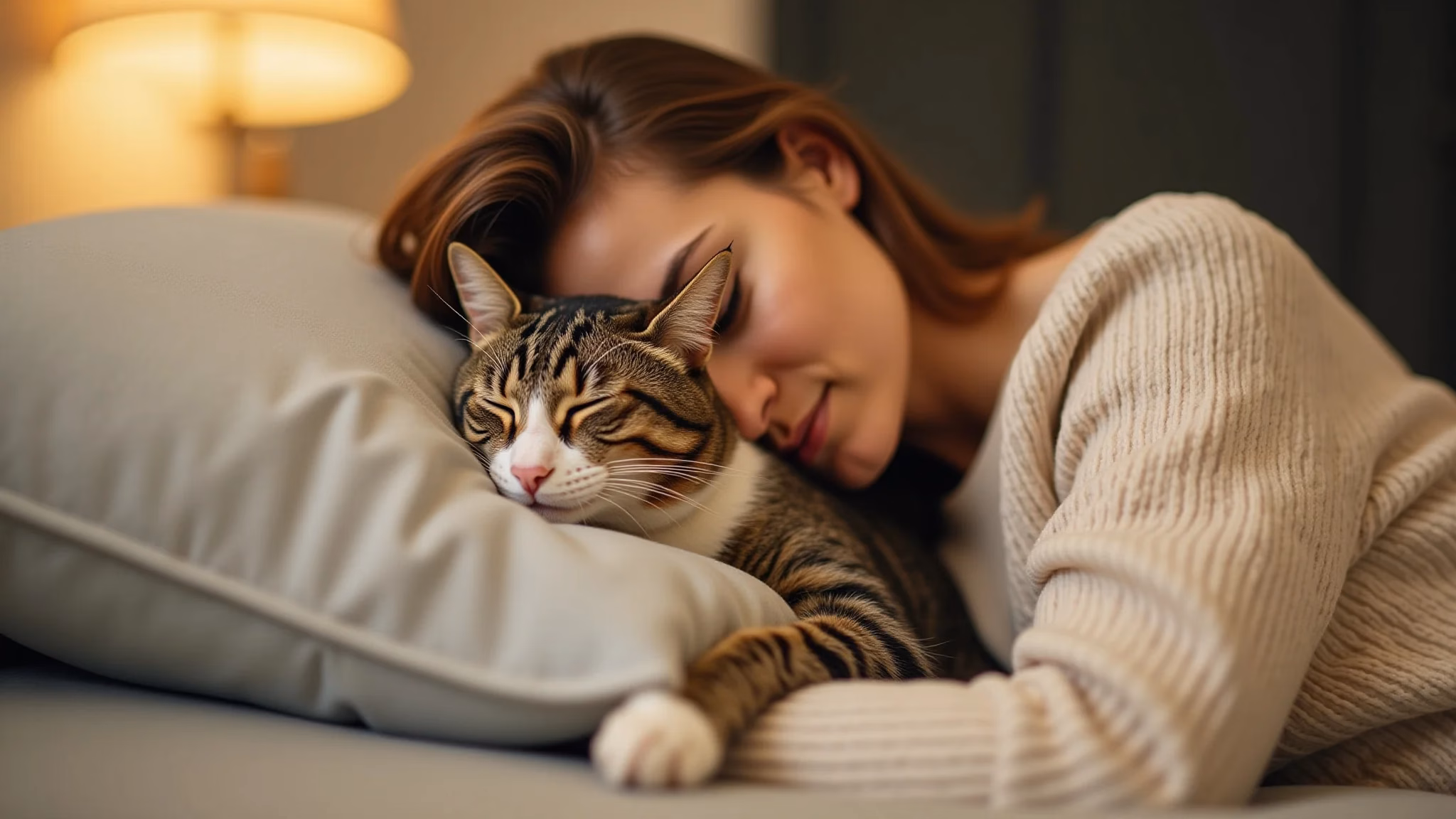 Gato malhado dormindo profundamente na cabeça de uma mulher em um travesseiro.