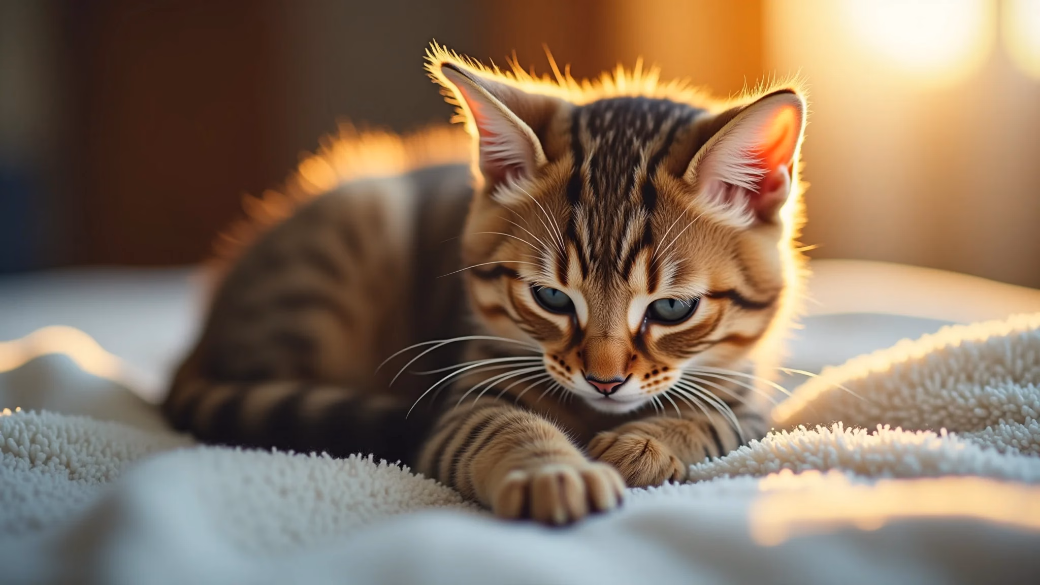 Gato amassando cobertor fofo com as patas, expressão de satisfação.