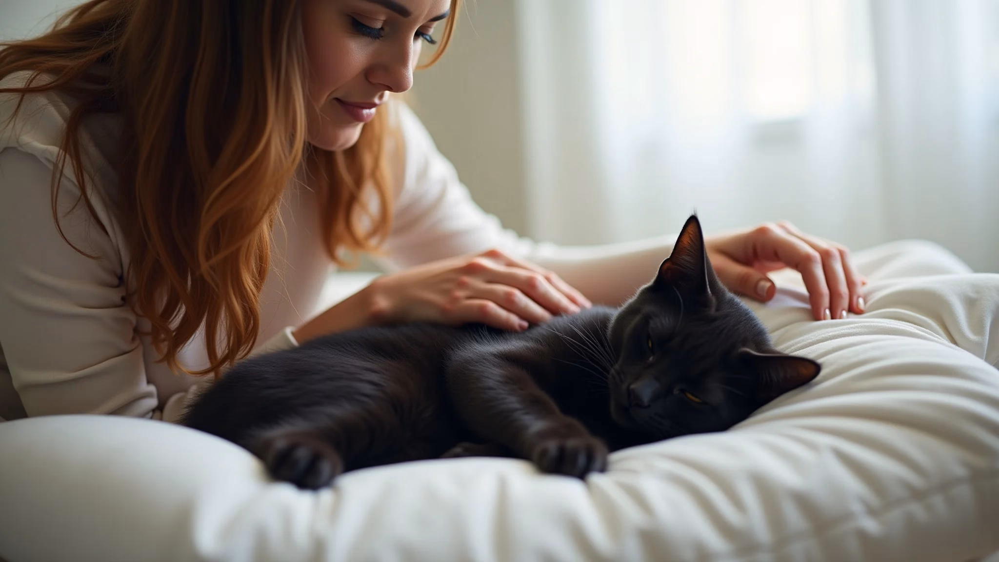 Mulher acariciando suavemente seu gato preto adormecido em um travesseiro.