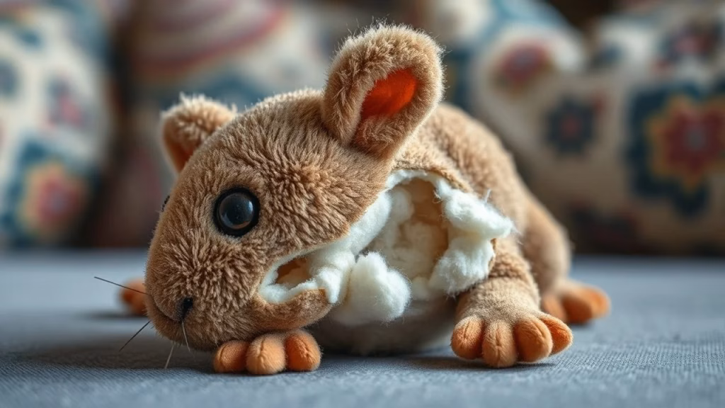 Damaged cat toy, a plush mouse, with stuffing coming out and tears. Macro shot, professional Brinquedo de gato danificado, rato de pelúcia rasgado, perigo