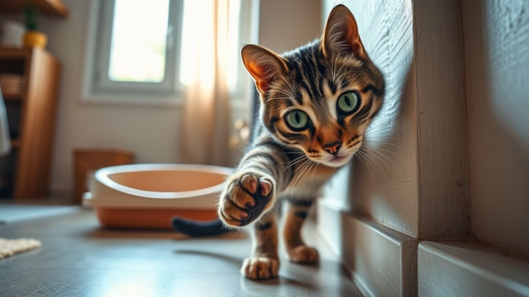 Gato arranha a parede perto da areia: O instinto que ele não consegue controlar
