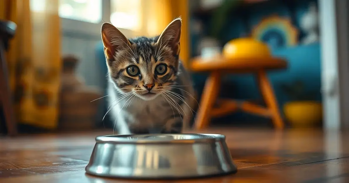 gato mia para o pote de ração vazio
