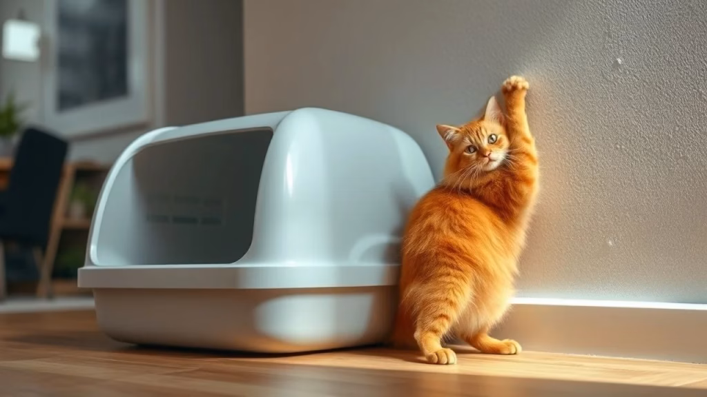 Ginger cat scratching a textured wall near a clean, modern litter box in a bright Brazilian home. Gato ruivo arranhando parede perto da caixa de areia em casa brasileira.