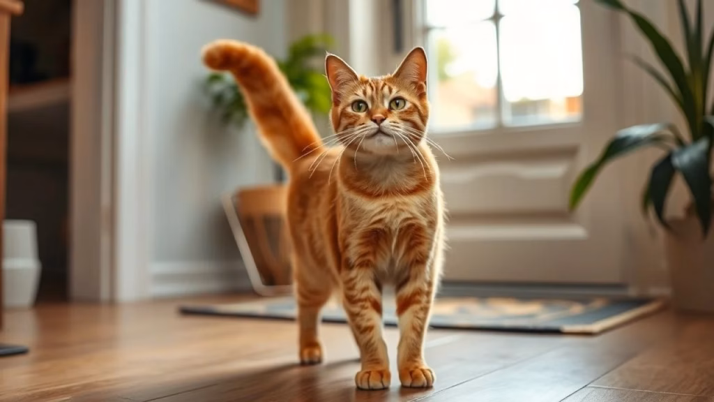 Ginger cat with tail straight up, standing near a front door with a welcome mat, professional Gato ruivo com rabo em pé, saudando o tutor na porta de casa.
