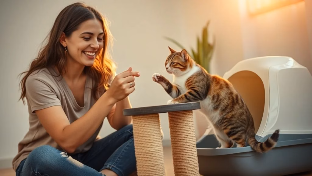 Happy Brazilian woman rewarding her cat with a treat while the cat uses a scratching post near the Brasileira recompensando gato com petisco ao usar arranhador perto da caixa.