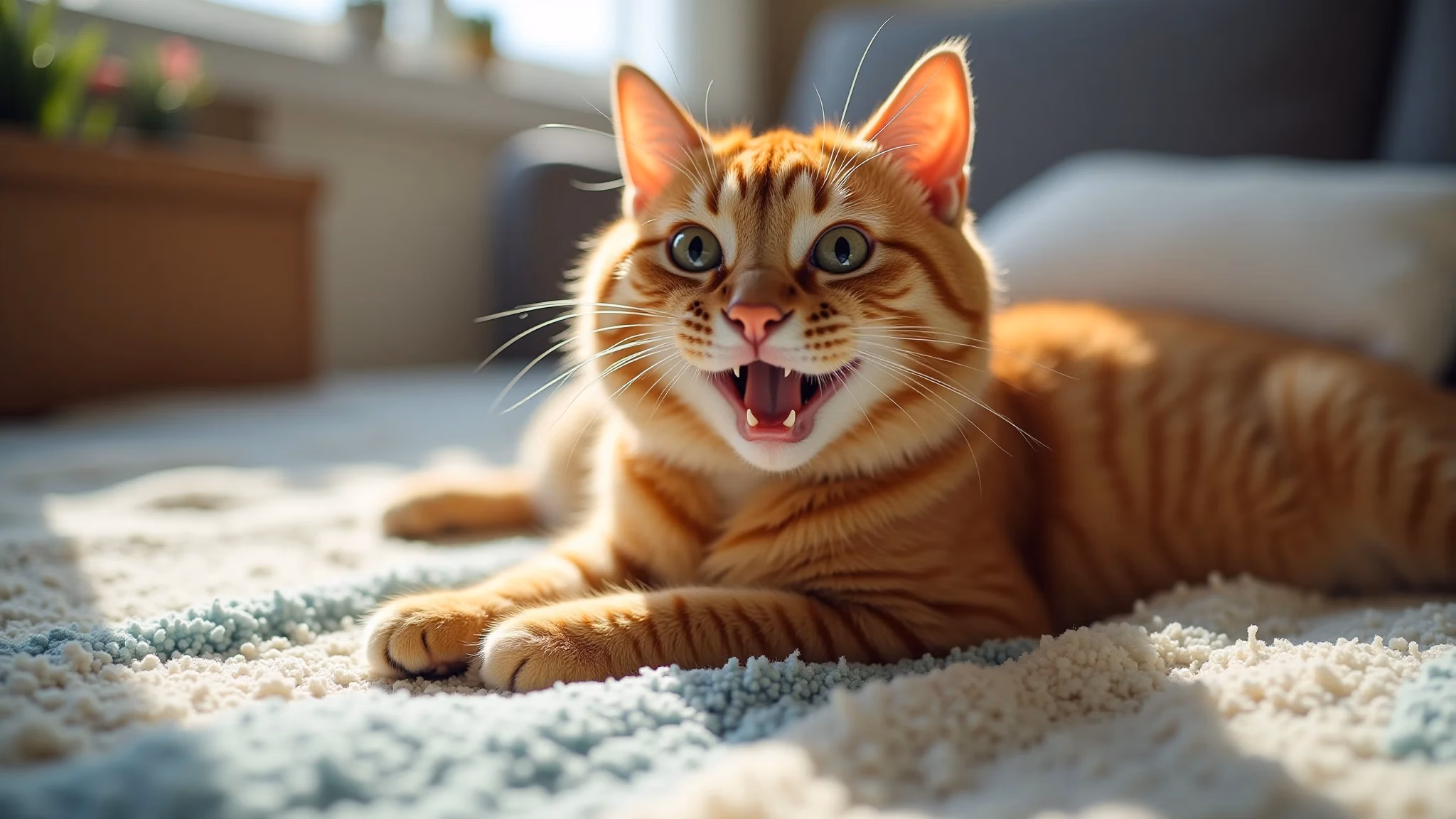 Gato feliz amassando cobertor, contente, fundo estilo Farm Rio.