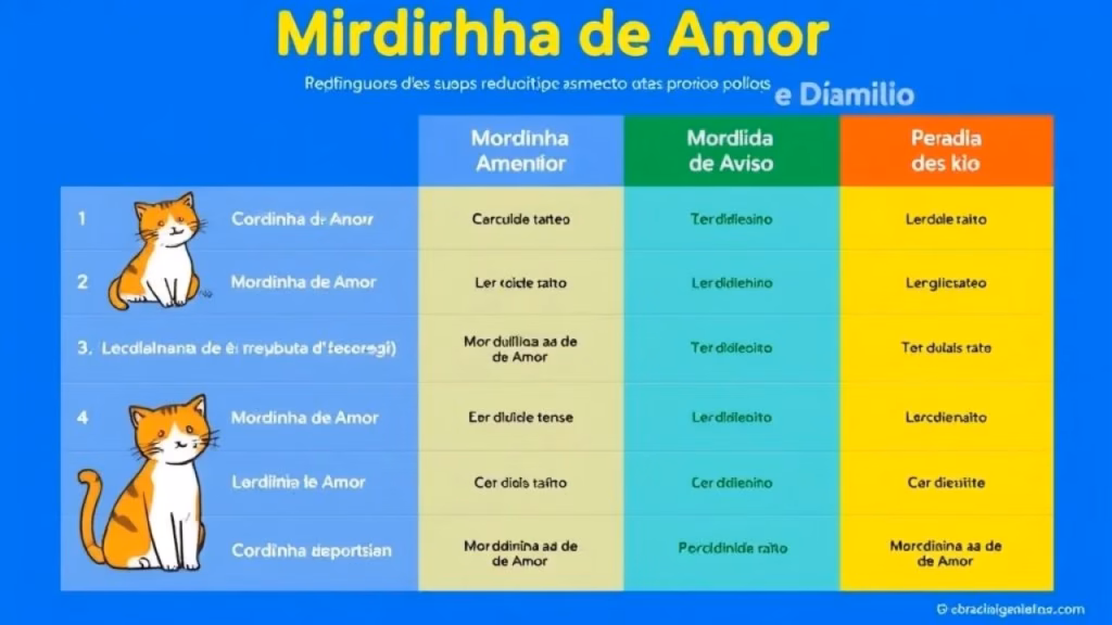 Infographic style image showing a table with 'Mordidinha de Amor' and 'Mordida de Aviso' columns, Infográfico comparando mordidinhas de amor e mordidas de aviso em gatos.