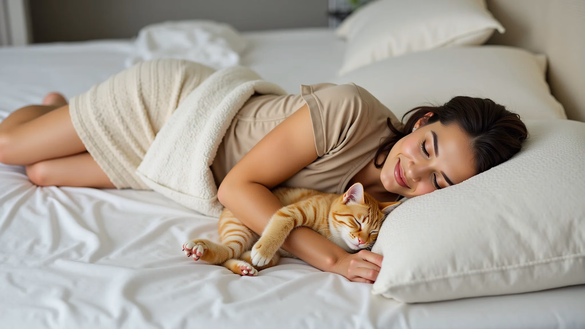 Mulher dormindo enquanto seu gato laranja se enrola no travesseiro, cabeça perto da dela.