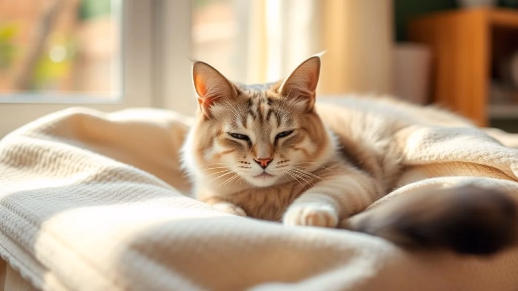 Older senior cat lying comfortably on a soft blanket in a sunny spot in a Brazilian home, peaceful Gato idoso descansando em cobertor em casa brasileira.