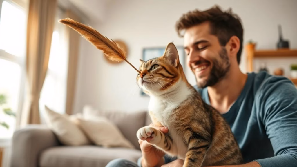 Owner playing with a cat using a feather wand toy inside a brightly lit Brazilian living room, Dona brincando com gato com varinha em sala brasileira.