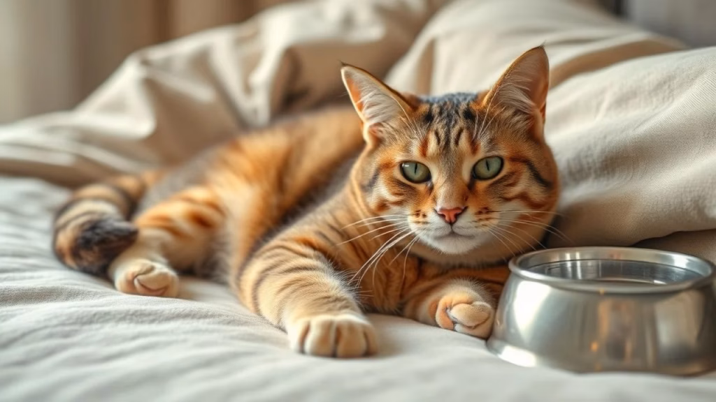 Gato idoso descansando confortavelmente com água e comida