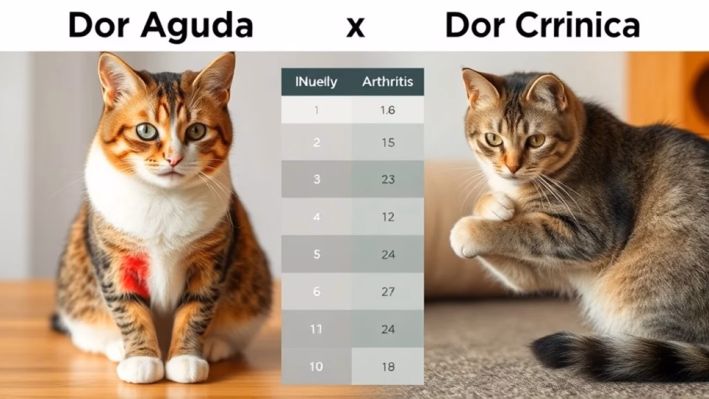 Table comparing Dor Aguda x Dor Crônica with photos of cats depicting the conditions. One cat is Tabela comparativa: Dor Aguda vs Dor Crônica em gatos. Exemplos visuais.