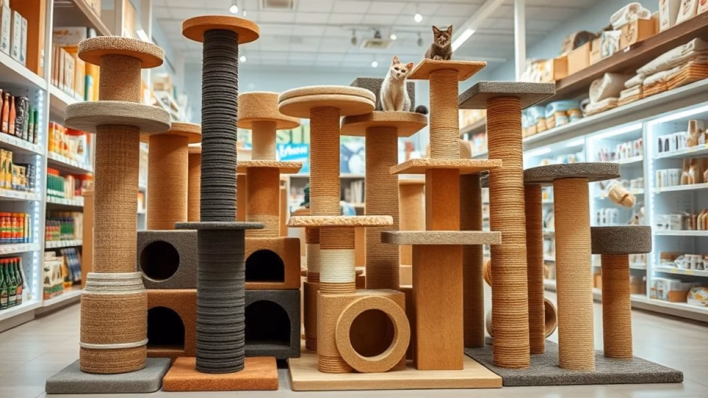 Variety of cat scratching posts (vertical, horizontal, cardboard) arranged in a brightly lit Variedade de arranhadores para gatos em loja de animais brasileira.