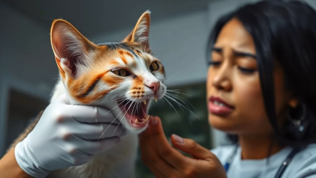Dona preocupada checando boca de gata tricolor