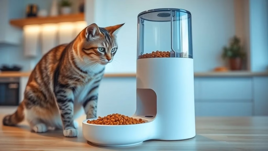 Automated cat feeder dispensing dry food into a bowl, set in a modern Brazilian apartment kitchen, Alimentador automático para gatos dispensando ração