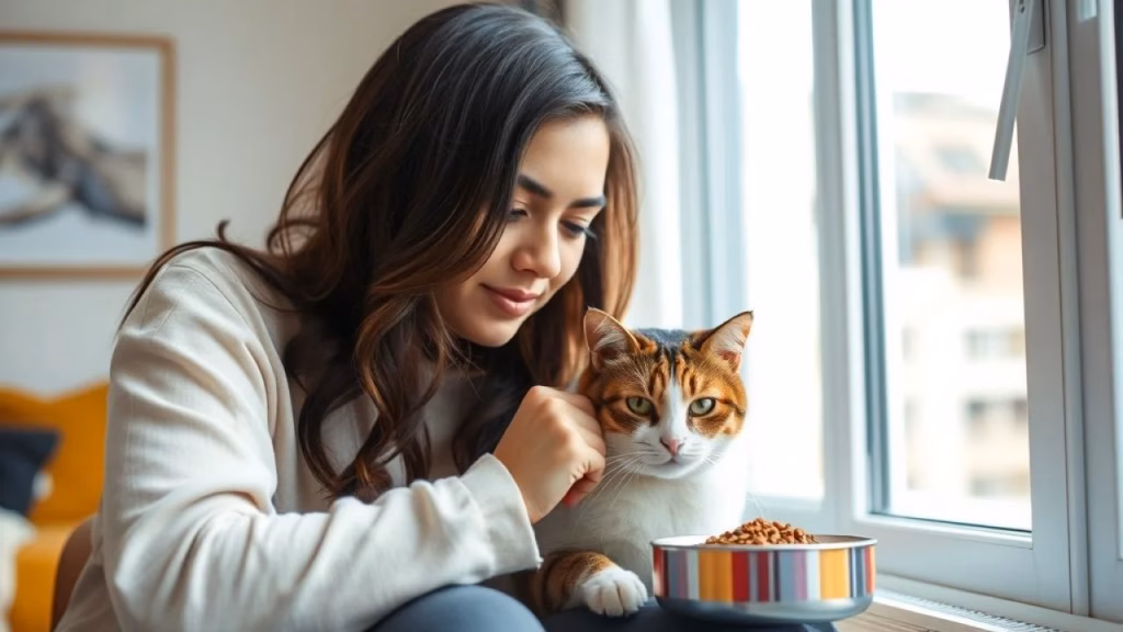 Brazilian cat owner carefully observing her cat (mixed breed) after feeding it new hypoallergenic Dona observando gato após teste com ração hipoalergênica. Atenção.