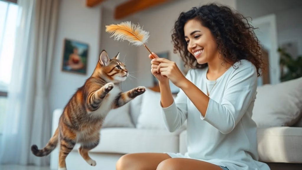 Brasileira brincando com gato para aquecer no inverno.