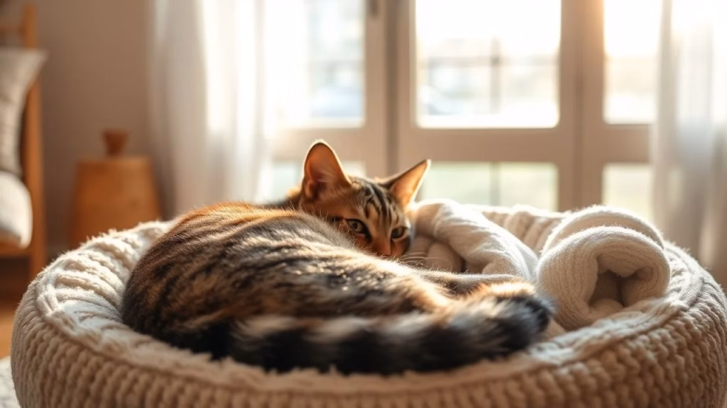 Gato tabby dormindo em caminha quentinha no inverno brasileiro.