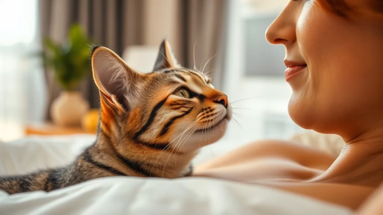 Gato lambendo nariz de mulher dormindo, manhã ensolarada