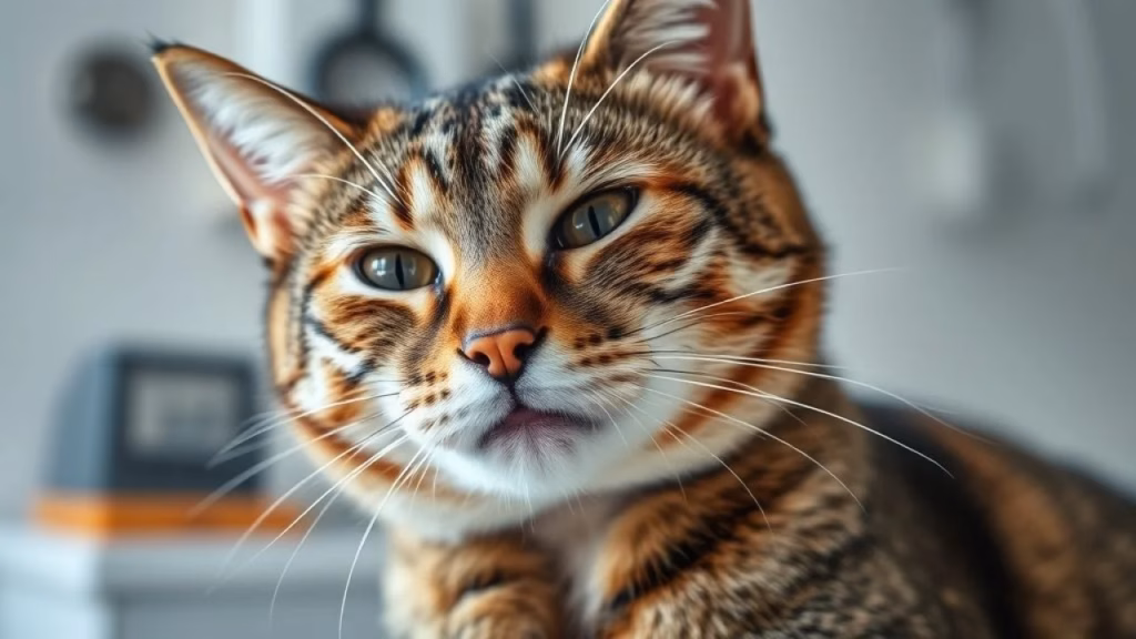 Close-up of a tabby cat looking distressed, scratching its neck intensely, inflamed skin visible. Gato siamês coçando o pescoço, pele irritada. Alergia alimentar felina.